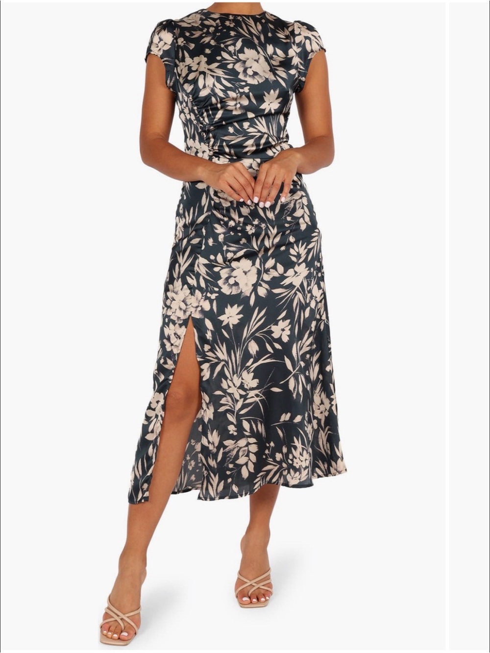 Petal & Pup Lisbeth Floral Cap Sleeve Satin Midi Dress (Green Floral)